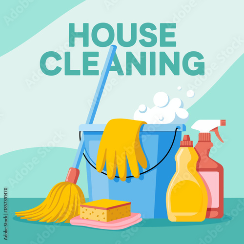 This image showcases essential house cleaning supplies like a mop, bucket, gloves, and various cleaning solutions, ideal for a spotless and fresh environment.