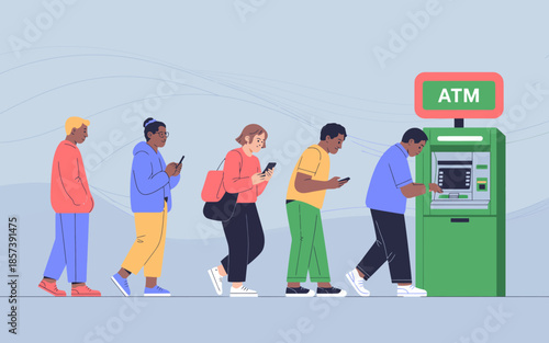 A group of diverse individuals stands in line at an ATM, showcasing a modern scene of everyday life, technology, and the necessity of banking in today’s world.