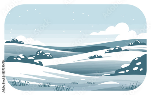 A soothing minimalist illustration of a winter landscape featuring soft snowy hills, gently rolling terrain, and a serene blue palette that evokes feelings of tranquility.