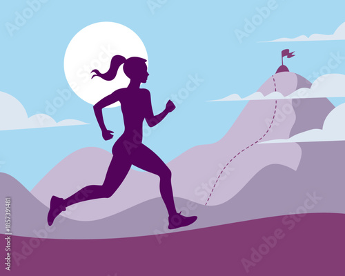 This dynamic image captures a silhouette of a determined runner, set against a backdrop of mountains, symbolizing endurance, triumph, and the pursuit of goals in life.
