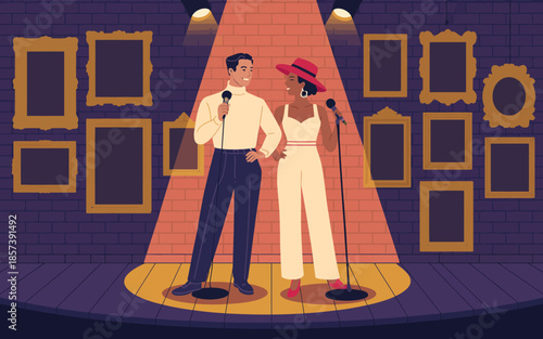 A vibrant illustration of two comedians performing on stage under spotlight, reflecting themes of entertainment, humor, and the performing arts.