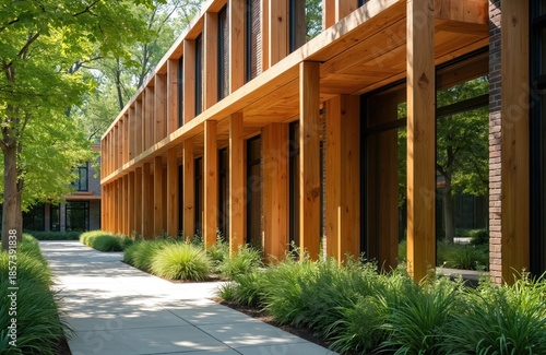 Modern wooden building exterior with timber frame and glass windows. Green plants and trees surround the structure. Pathway leads to entrance of contemporary house.