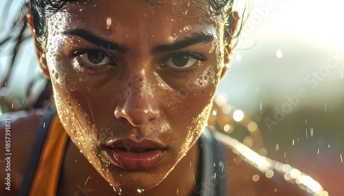 extreme close-up portrait of sweaty female athlete with intense gaze and determination during high intensity training