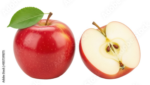 Εκτύπωση καμβά Fresh red apple and half apple isolated PNG, juicy fruit with leaf on transparen
