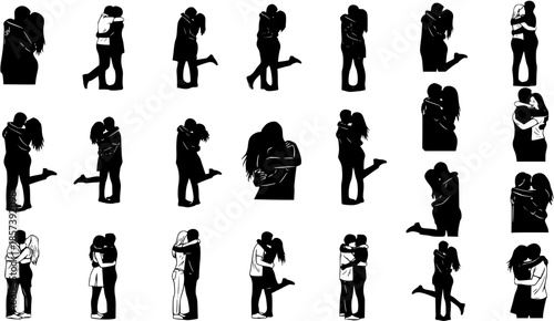 Love and Romance Couples Silhouettes Vector Graphic Set. Affectionate Hugging and Kissing Man and Woman Poses for Relationship, Dating, and Valentine's Day Concepts.