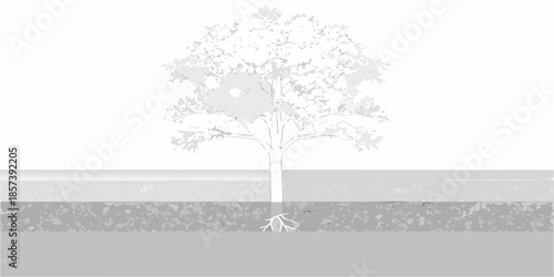 A solitary tree stands prominently against a blurred horizon and textured ground