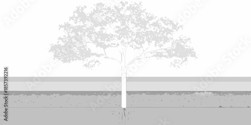 A solitary tree stands against a layered gray and white background