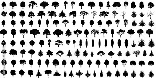 A large collection of diverse tree silhouettes in a repeating pattern