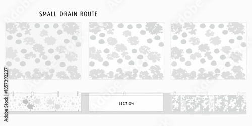 Architectural plan showing a small drain route through a vegetated landscape
