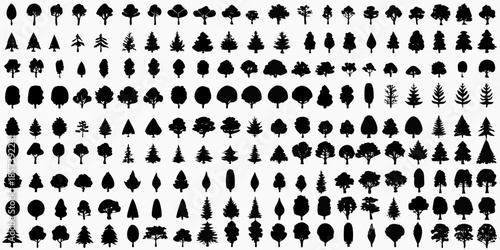 A collection of various silhouetted tree designs in a grid pattern