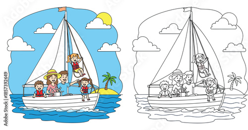 Happy family sailing on boat vector illustration with coloring book page; summer vacation cartoon character outline for kids activity or education; parents and children on sailboat at sea.