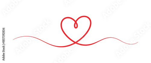Minimalist Red Continuous Line Art Heart with Elegant Wavy Flourish on White Background - Symbolic Concept of Love and Romance.