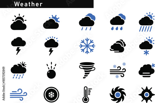 A collection of weather icons representing various meteorological phenomena and conditions.
