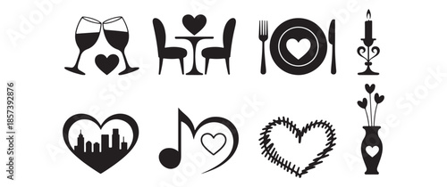 Romantic Date Night and Valentine's Day Icon Set Featuring Dinner Table, Wine, Music, and Cityscape Silhouettes for Graphic Design