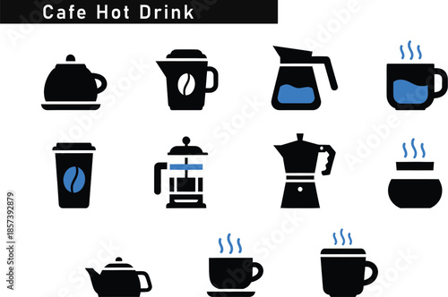 Collection of black and blue cafe hot drink icons including teapots, coffee makers, cups, and French press.