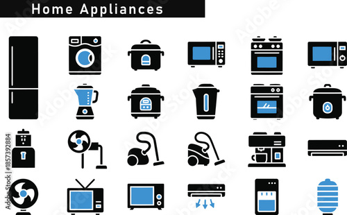 A collection of black and blue flat design icons representing various home appliances such as refrigerators, washing machines, microwaves, and fans.