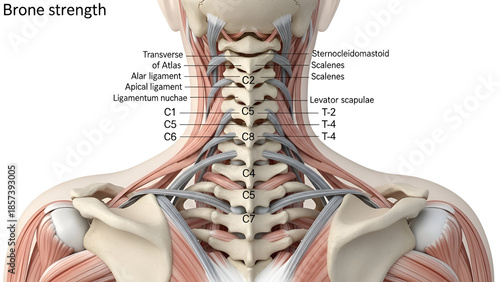 Detailed anatomical illustration showcasing the human neck spine and surrounding muscles and