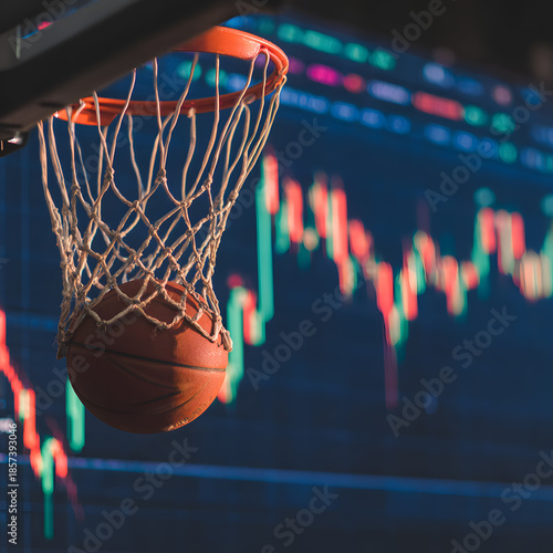 Shooting for Success: A basketball about to go through the net with a financial chart displayed in the background, this photo represents ambition and growth.