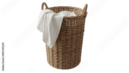 Tableau sur toile Wicker laundry basket with white cloth isolated PNG, rustic container for dirty