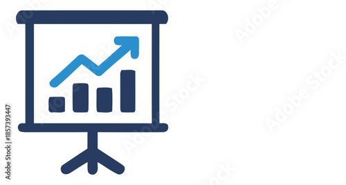 Dark blue presentation board with bar chart and upward arrow icon graph