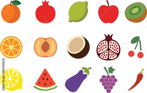 Set of fresh fruit and vegetable icons with orange watermelon grapes and eggplant isolated on white background