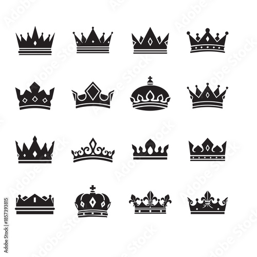 A luxury collection of gold royal crown icons and heraldic vector symbols featuring vintage king and queen insignia designs for imperial jewelry labels and decorative emblem illustrations