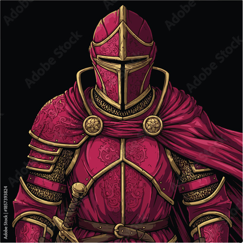 Ancient statue of a medieval knight with sword and shield wearing a traditional temple mask and royal king costume for a religious culture carnival