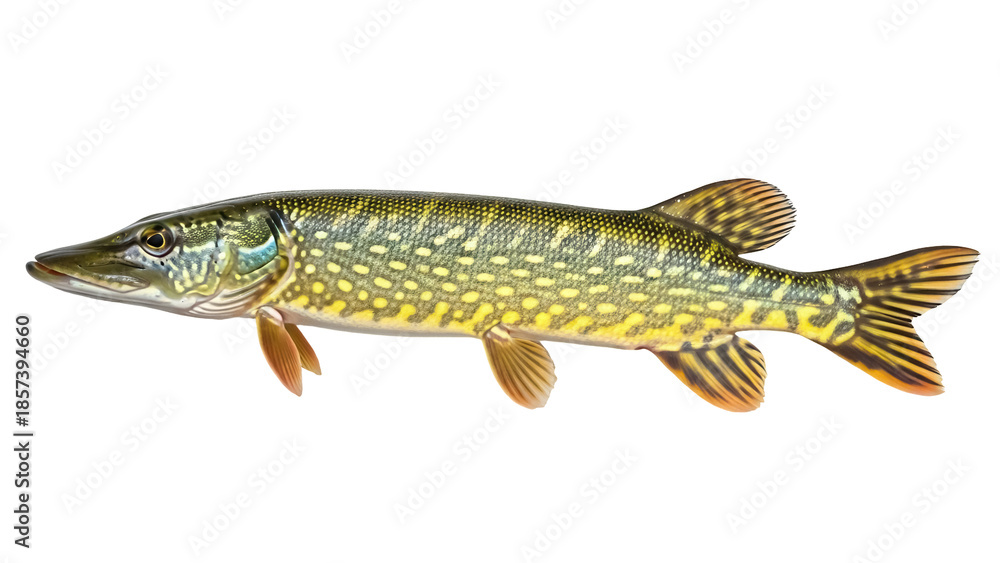 Naklejka premium Northern pike PNG isolated on transparent background, Esox lucius freshwater fish with yellow spots, predatory game fish for fishing and angling