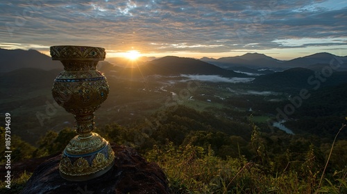 Golden Vase At Sunrise Over Mountain Valley