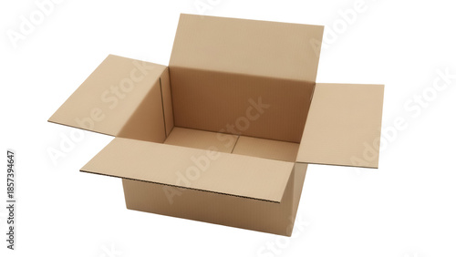 Open cardboard box PNG isolated on transparent background, brown container for shipping and storage, packaging material