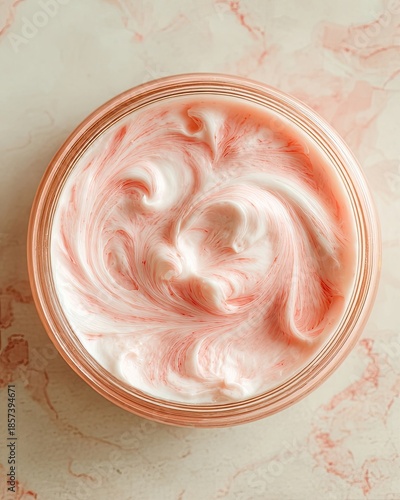 Pink Whipped Cream In Glass Jar On Marble Background