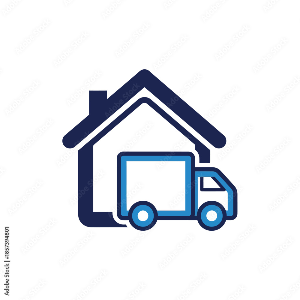 Obraz premium Household moving truck parked beside a residential house outline, illustrating relocation and logistics services in a simple graphic representation.