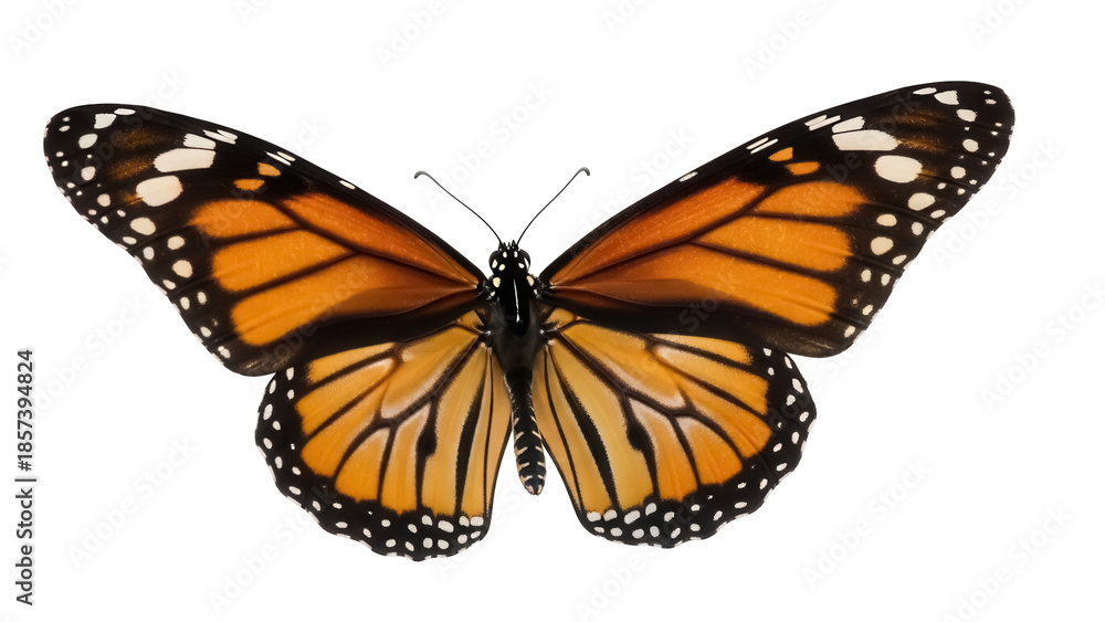 Fototapeta premium Monarch butterfly PNG isolated on transparent background, orange and black wings with white spots, beautiful insect for nature designs
