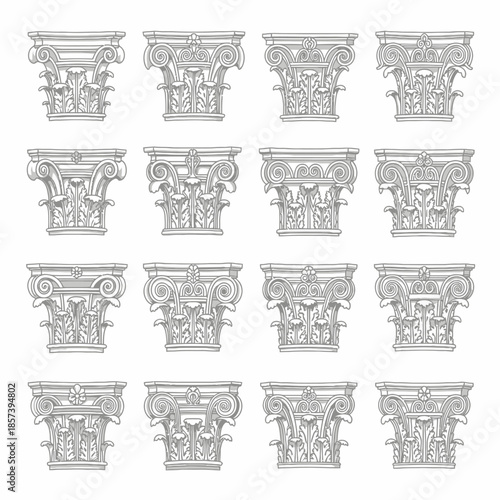 Ornate Architectural Columns Set in Greyscale vector.