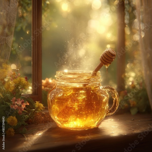 Golden Honey Jar On Windowsill With Sunlight