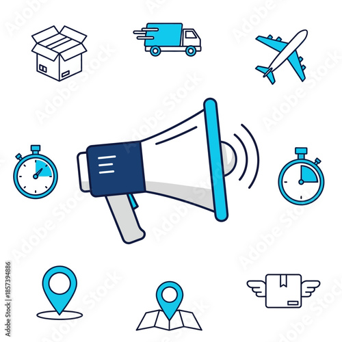 Icon set for fast logistics and delivery services. Megaphone, truck, plane, stopwatch, tracking pins symbolize efficient global transport and communication