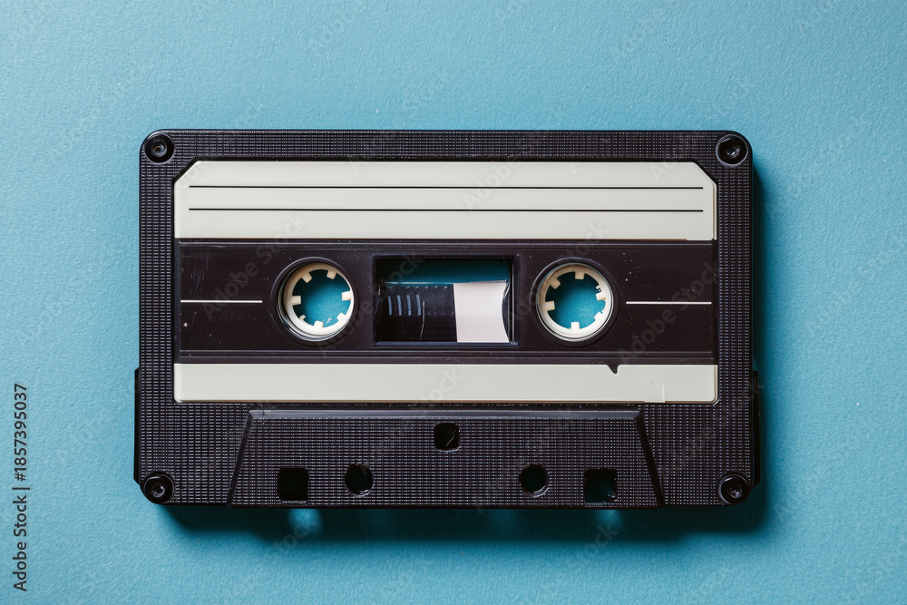 Fototapeta premium Vintage cassette tape on blue background nostalgic music