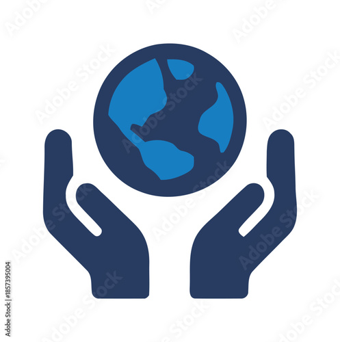 Two dark blue hands cradling a dark blue and light blue globe icon earth holding