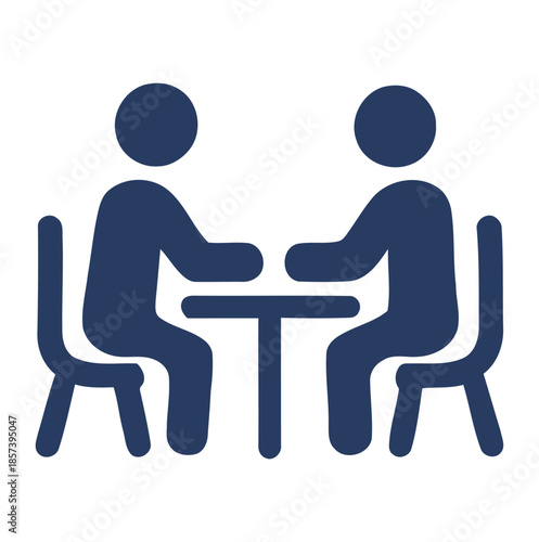 Two figures sitting at a table in a simplified graphic style people chairs