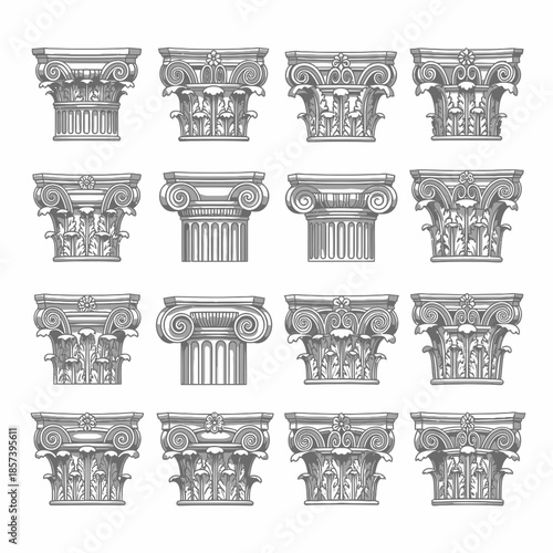 Ancient Greek column capitals set in monochrome vector.
