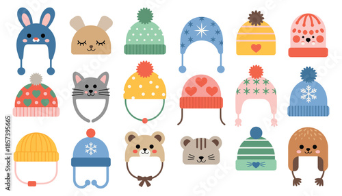 Kids winter knitting headwear set with cute animal hats. Children autumn headwear collection featuring pompom beanies and warm woolen caps.
