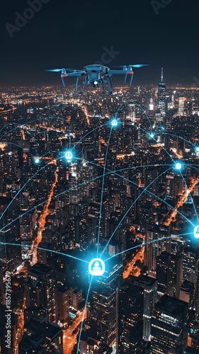 Wallpaper Mural Drone Flying Over Futuristic City Network At Night Blue Lights Connectivity Torontodigital.ca