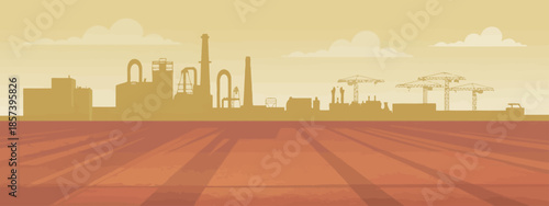 A striking silhouette of an industrial skyline against a warm sunset backdrop, symbolizing progress, development, and the impact of industry on the landscape.