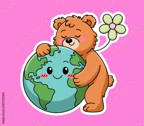 A charming, cartoon-style bear hugs the planet Earth, symbolizing love for nature and environmental protection in a playful and whimsical way.
