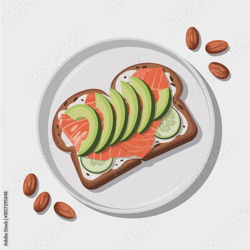 This mouthwatering image features an open-faced sandwich layered with fresh salmon, avocado, and various toppings, symbolizing culinary creativity and healthy eating.