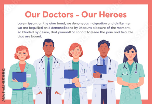 A group of diverse doctors stands united, showcasing their dedication to health and wellness, representing the crucial role of healthcare professionals in society.
