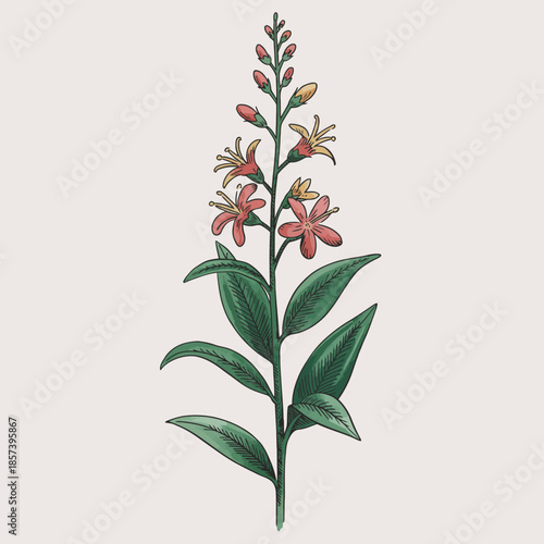 An elegant illustration of a pink flower stalk adorned with delicate petals and lush green leaves, symbolizing beauty and the essence of nature in floral design.