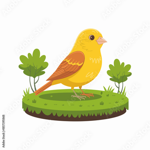 A cheerful yellow bird stands on a patch of grass, surrounded by small bushes, symbolizing nature's beauty and the joy of wildlife in a picturesque landscape.