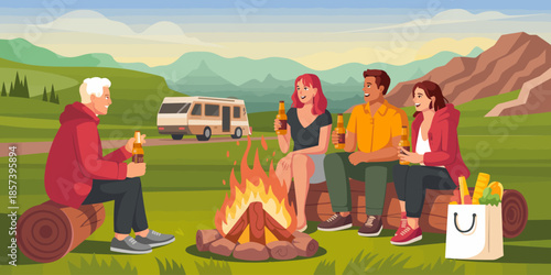 A joyful gathering of friends sitting around a campfire, sharing laughter and drinks, with a picturesque landscape of mountains and a camper van in the background.
