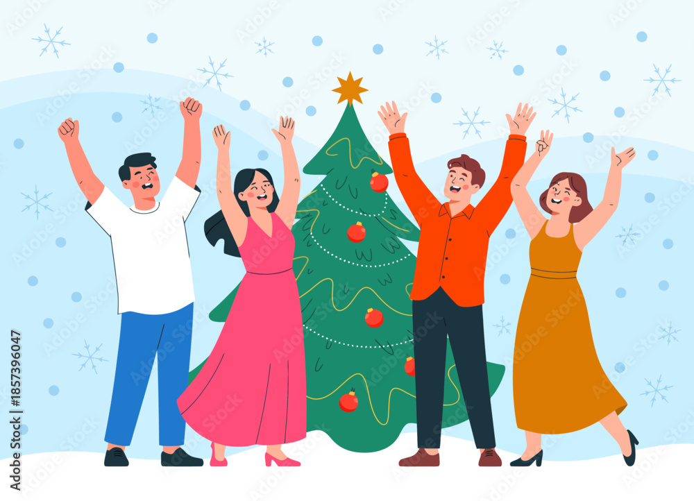 Fototapeta premium A cheerful group of four people joyfully celebrating around a beautifully decorated Christmas tree, capturing the essence of togetherness and festive spirit during the holiday season.